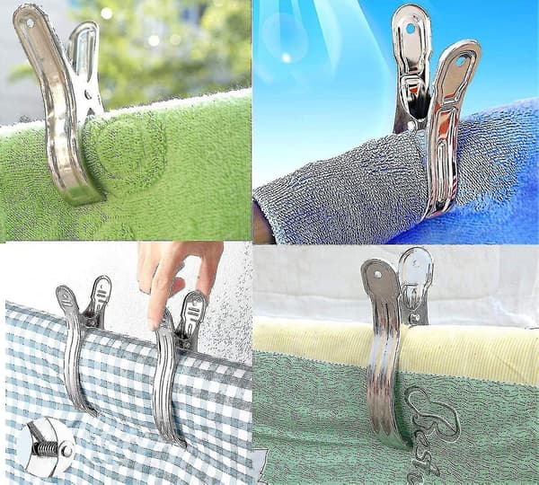 6 store badehåndkleklemmer i rustfritt stål, store klesklyper til strandstol, store pinner til håndkle, Qu-FX-