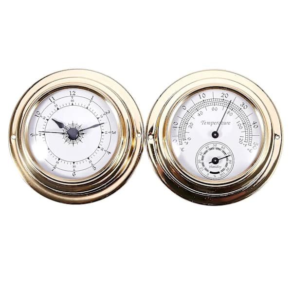 Termometer Hygrometer Barometer Klockor Klocka 2 Komplett Set Väderstation Mätare Guld