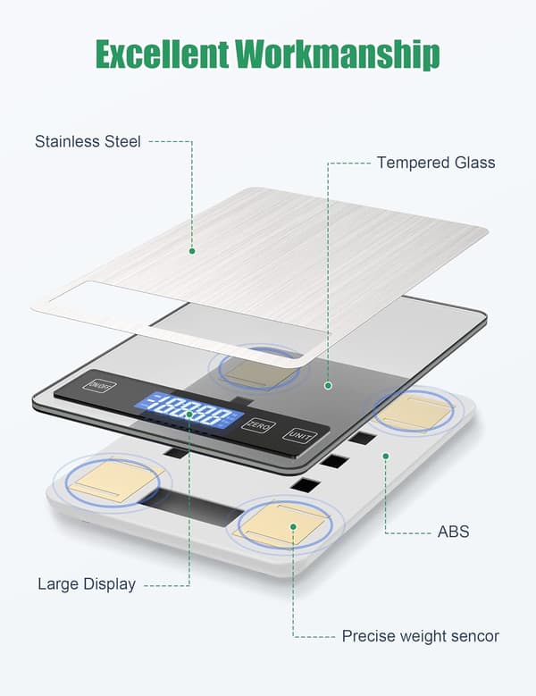 Digital Kitchen Scale - 15 kg/33 lb Capacity, Stainless Tempered Glass, Tare Function for Baking & Cooking