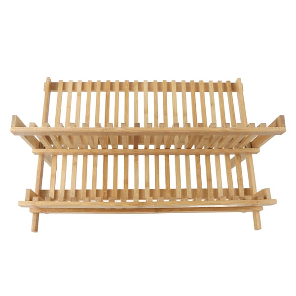 Folding Wooden Dish Rack 20 Grids 2-Tier Foldable Dish Drying Rack for Dishes Plates Bowls Cups