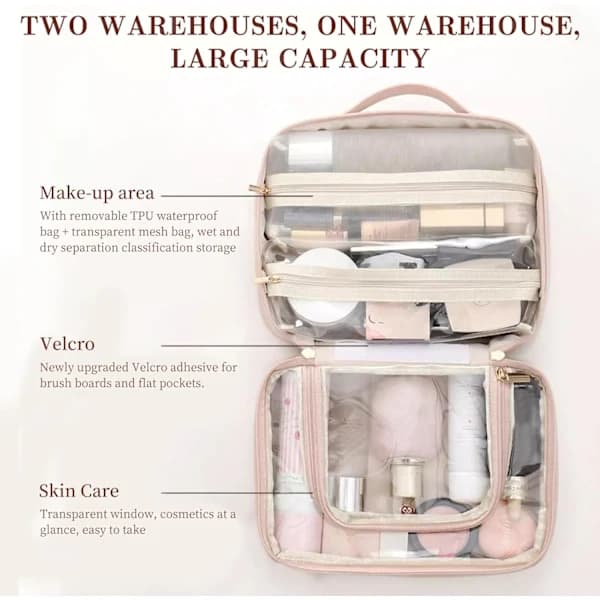 Makeup Rejsetaske, Makeup Organizer med Flere Rum, Toilettaske, Rosa PINK