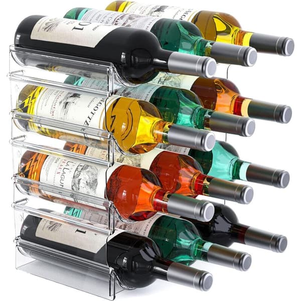 Stackable Bottle Rack with 4 Shelves - 12 Containers - Made of Durable and Transparent PET - For Kitchen, Pantry, Bar (Not Specified)