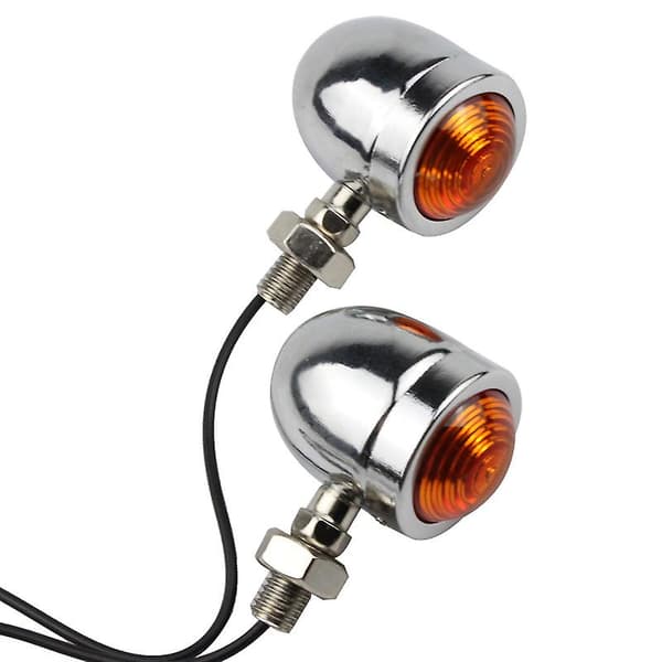 Mini Motorcycle Turn Signals Metal Chrome Bulb Indicator With Amber Lens (2pcs, Silver Yellow Shell)