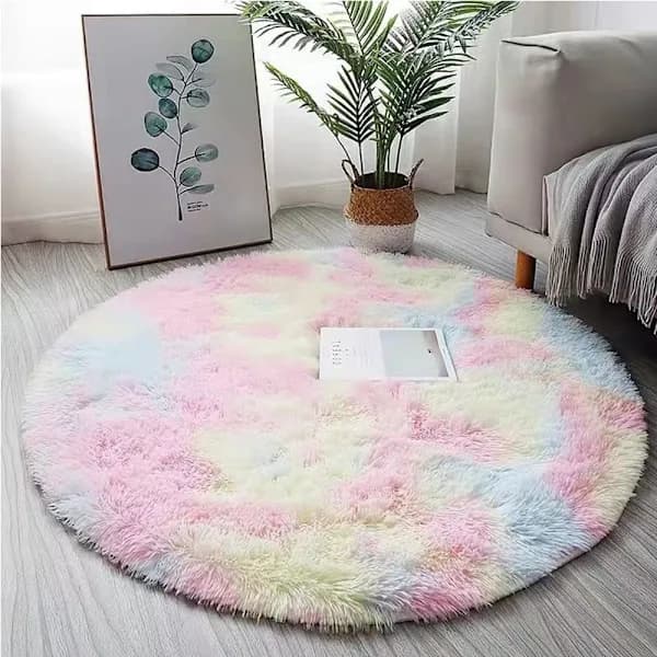 Runde, bløde regnbuefarvede tæpper til pigeværelser, lodden cirkeltæppe til børneværelser, pigeværelser, børneværelser, boligindretning (120 cm * 120 cm)