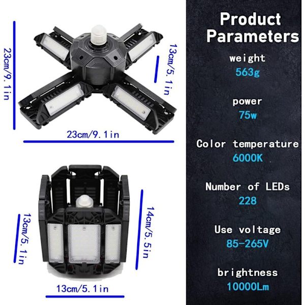 LED Garage Light, LED Garage Lamp, Adjustable Ceiling Workshop Lighting, E27 6000K Lighting, with Multiple Adjustable Panels, 15000 Lumens, Garage