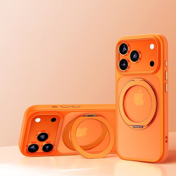 Orange Anti-Drop Leather Feel Case with 360° Stand Compatible with iPhone 17 Pro, Shockproof TPU Shell with Magnetic Function
