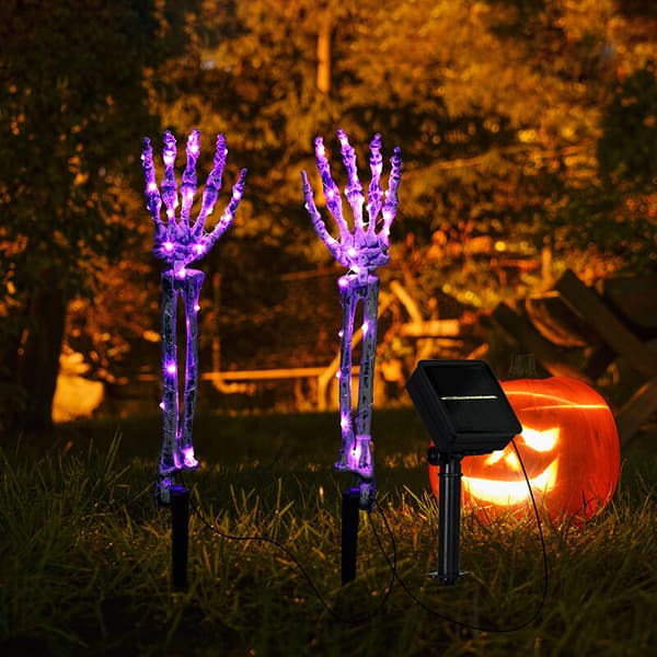 Halloween Outdoor Decorations, Lighted Skull Arm Stake with 40 LED Warm White Lights - 8 Modes Solar Outdoor