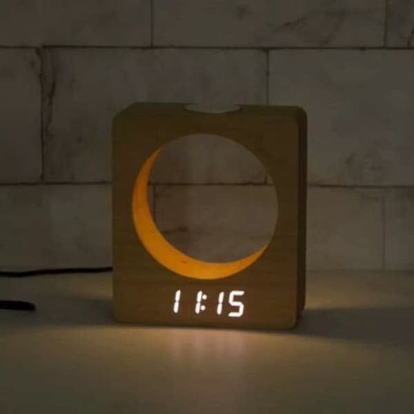 Solid Wood (Beech) Digital LED Alarm Clock with Night Light, 3 Alarm Settings, Temperature Detection