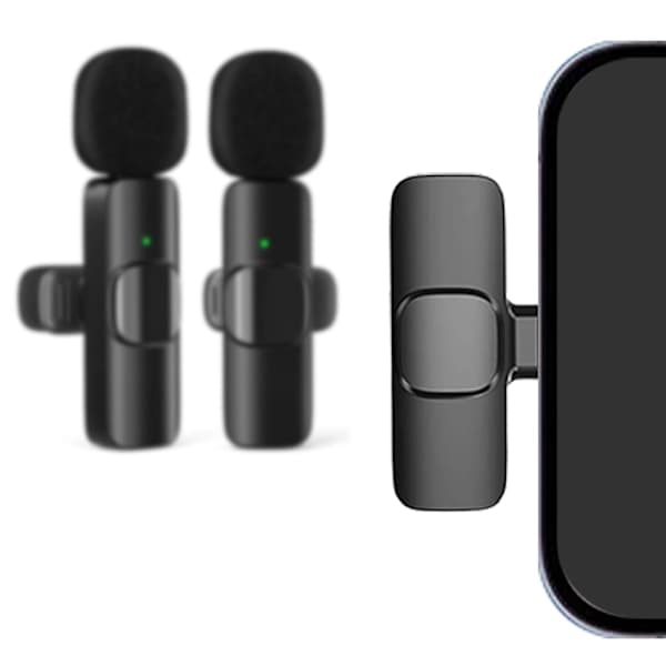 2 kpl - Lavalier-mikrofoni puhelimeen - Langaton - USB-C Musta