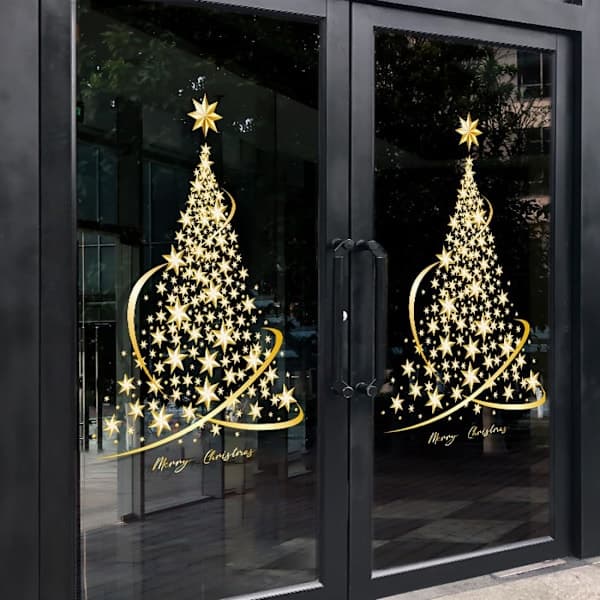 Golden Christmas Tree Glass Window Decals, Large DIY Static Wall Window Door Mural Display Decal Stickers (1 Pack)