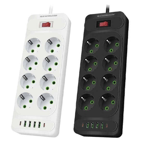 8-hulls EU-plugg AC-uttak Multi Tower Strømskinne 2M Skjøteledning Strømuttak Smart USB-uttak med Bryter Svart