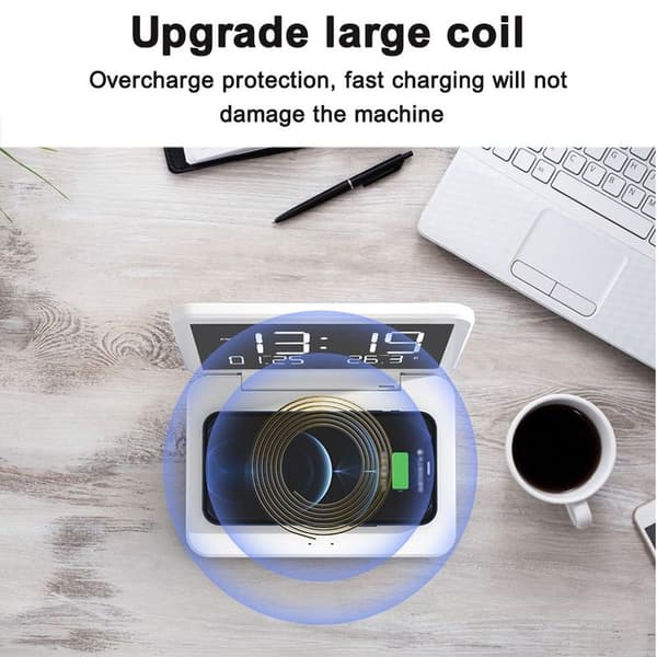 Digital Clock, Wireless Charging Alarm Clock with Night Light, Modern Arctic White