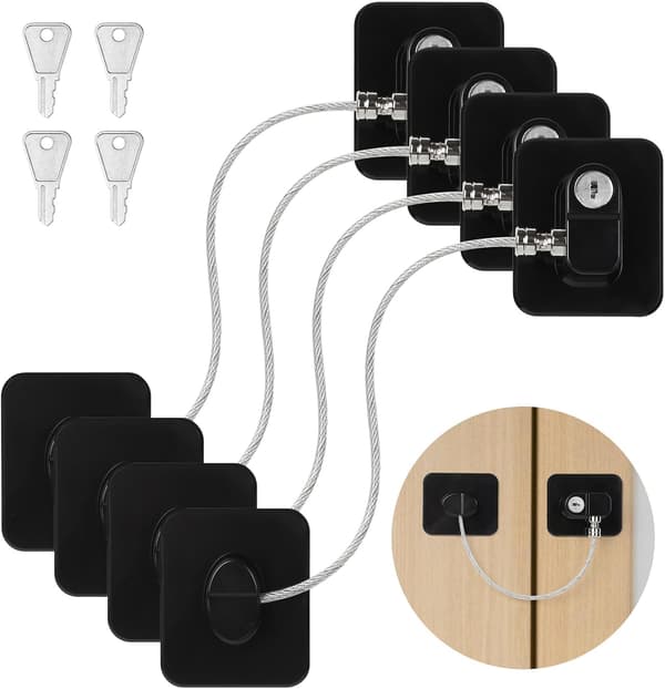 Safety Lock - 4-pack - Refrigerator Lock with Key - Refrigerator Safety Lock - Window Lock without Drilling with 4 Keys for Cabinets - Windows - R