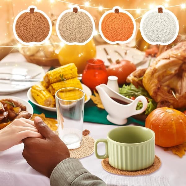 Sæt med 8 Coasters - Græskar Coaster Sæt Varmeisolering Skridsikker Flettet Bomuld Håndvævet Mønster til Efterårshøstfester, Thanksgiving,_yu