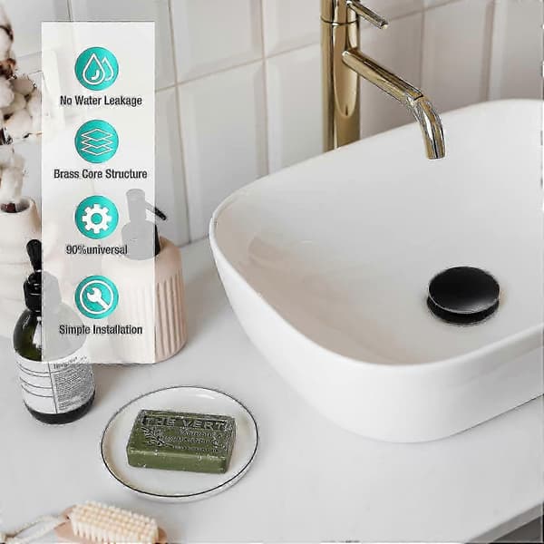 Drain valve without slot, Black drain valve for sink without slot, Modern pop-up drain valve with click-clack function without overflow