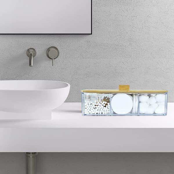 Akryl Q-tips holder dispenser med trelokk, 3 rom bomullspinneholder