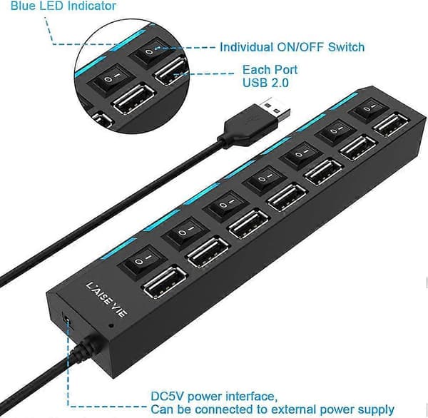Moniliitäntäinen USB-jakaja, 7-porttinen USB 2.0 -keskitin, USB A -datakeskitin