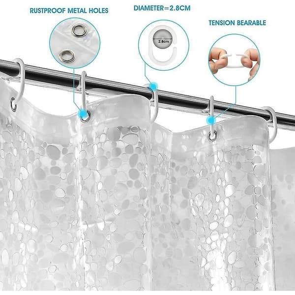 White Transparent Shower Curtain, Waterproof, 100% PEVA with Hooks, Fabric, Clear, 120x200cm
