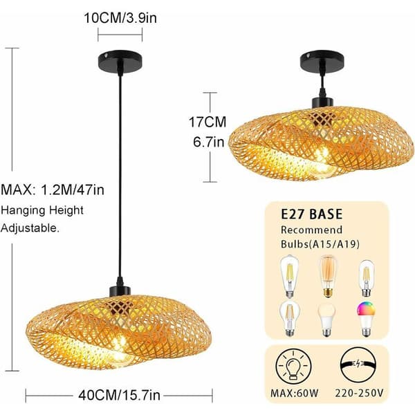 Retro Ceiling Lamp, Bamboo Hat Rattan Pendant Lamp 40Cm Weaving Bathroom Ceiling Lamp E27 Creative Ceiling Lighting For Dining Room Living Room