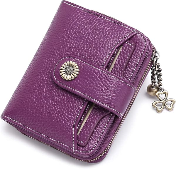 Compact RFID Protected Small Genuine Leather Wallet for Women - Dark Purple