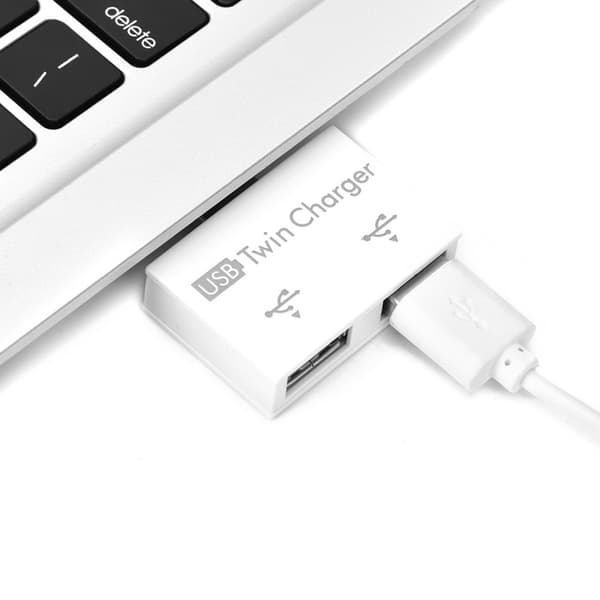 USB2.0 han til 2-ports USB dobbelt oplader splitter adapter konverter hub (hvid)