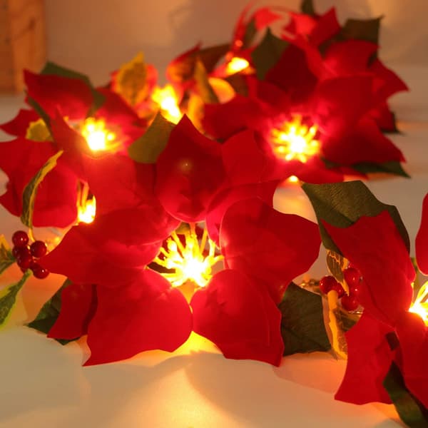 9.8ft Red Christmas Garland with String Lights, Artificial Velvet Flowers