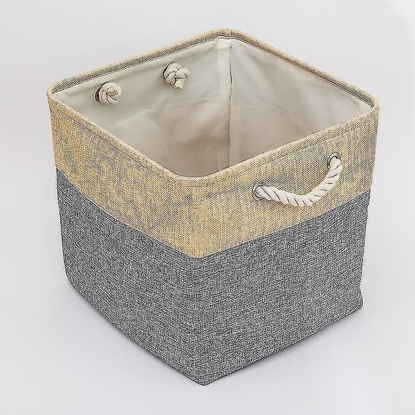 Foldable Storage Box with Linen Stitching Fabric Storage Basket, Storage Box with Cotton Rope Handles Storage Cube Storage Box (Beige Stitching Brown)
