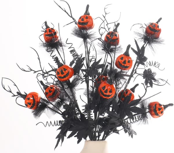 5 Pcs Halloween Decorations, 47 cm Artificial Pumpkin and Maple Leaf Flower Stems (Vase Not Included)