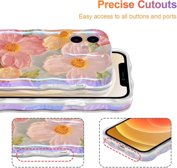 Etui til iPhone 11, farverig retro oliemaleri trykt blomst laserstråle blankt mønster søde krøllede bølger kant