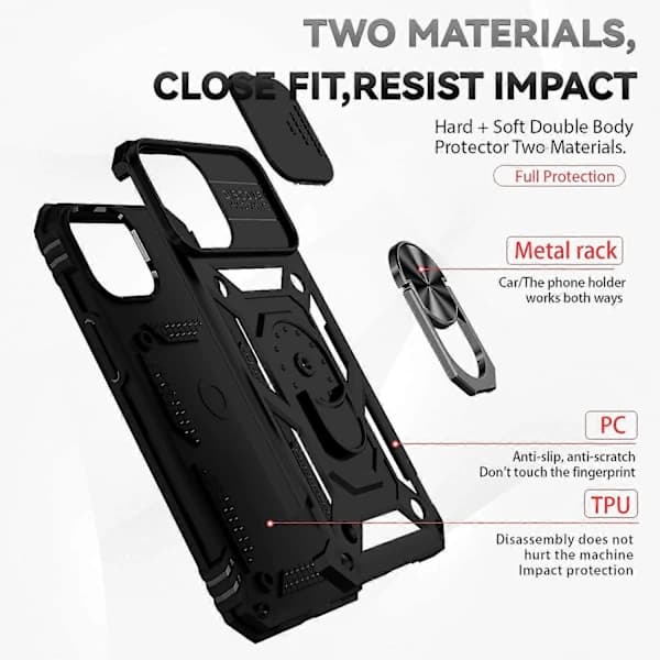 Etui med glidende kameralinsebeskyttelse og holder til iPhone 14 Pro Max