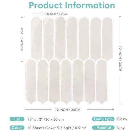 Thicker Self-Adhesive Tiles for Kitchen and Bathroom, Cream, Subway Style, Wall Sticker (10 Pieces, 30.5 x 30.5 cm)