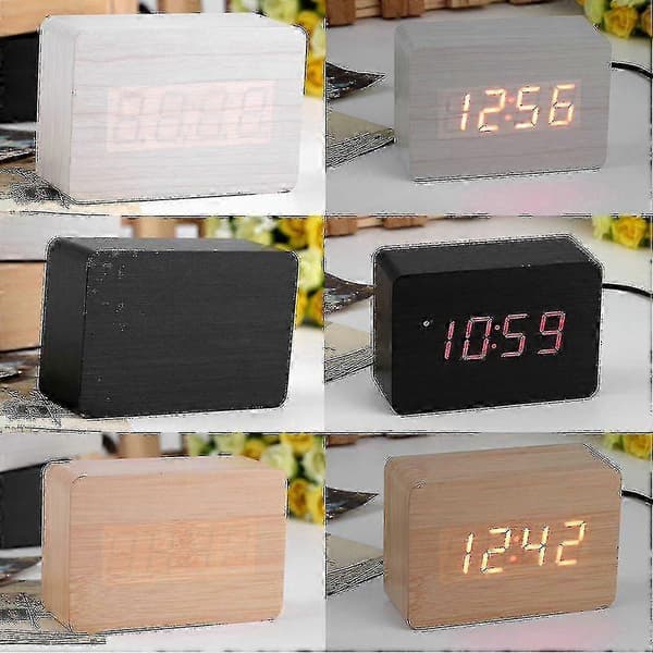 Mini Moderne Rød LED Display Temperatur Digital Træ Vækkeur