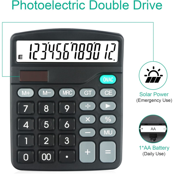 12-siffrig datorkalkylator med stor knapp, soldriven stationär dator