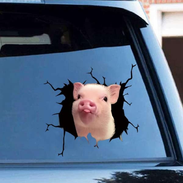 Funny Pig Cracked Car Sticker Broken Window Static Sticker (12in
