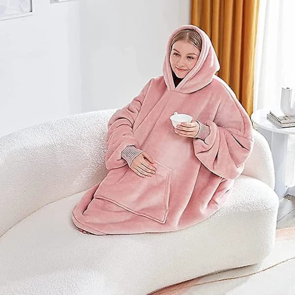 Oversized hettegenser-pledd XL, supervarm Sherpa-kjempehettegenser, bærbar pledd-hettegenser med lomme rosa