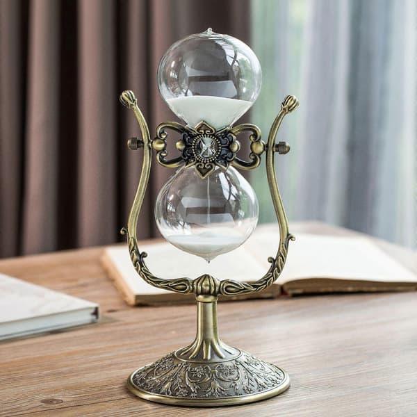 Timeglas i metal med glas, 23 x 10 cm, Guld