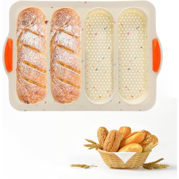 Bakeplate for French bread sandwich rolls, four compartments, non-stick silicone mold, for sandwich baguettes, mini tool kit.