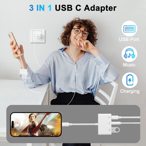 USB C-adapter 3,5 mm-uttag med snabbladdning OTG-adapter, Typ C till Aux-splitter hörlurar ljud (vit)