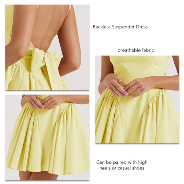Strapless Dress Solid Color Backless Bow Open Back Mini Dress for Parties Proms Everyday Light Yellow M