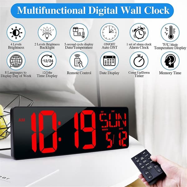 Stor Digital Veggklokke 17,2 Tommer LED-Display Timer med Dato Uke Auto Justerbar Lysstyrke EU P