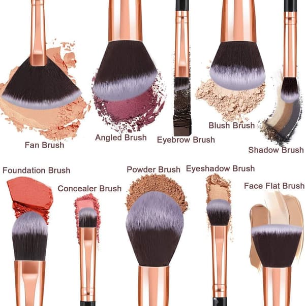 Sæt med 10 professionelle makeupbørster, inklusive børster til foundation, blush og øjenskygge