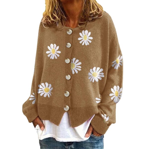[PLEE] Knitted Women's Sweater with Daisy Pattern, Button Details, Round Neck, and Loose Fit