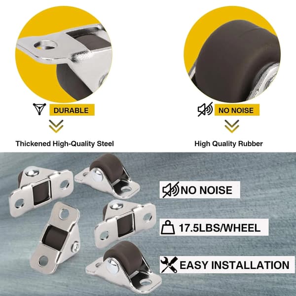 8 mini fixed casters (1/2-inch), low-profile rubber wheels with steel top plates (non-swivel)