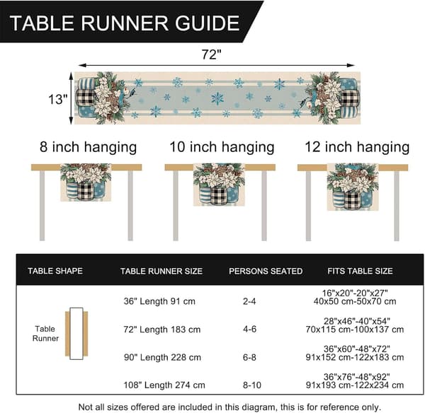Winter Poinsettia Table Runner, Mason Jar Snowman Pine Cone Snowflake Blue Stripe Kitchen Dining Table Decoration 13x90 Inch