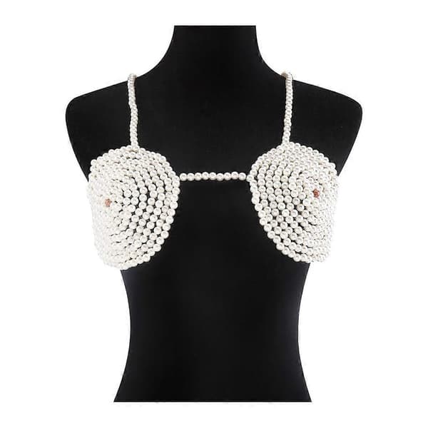 Perlehalskæde Undertøj BH Bikini Kæde BH Kropskæde Perle Bralette Top Hvid White