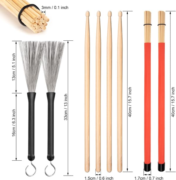 Classic Drum Set, 4 Pairs Maple Drum Sticks, Wire Brush and Rod Drumsticks with Storage Bag