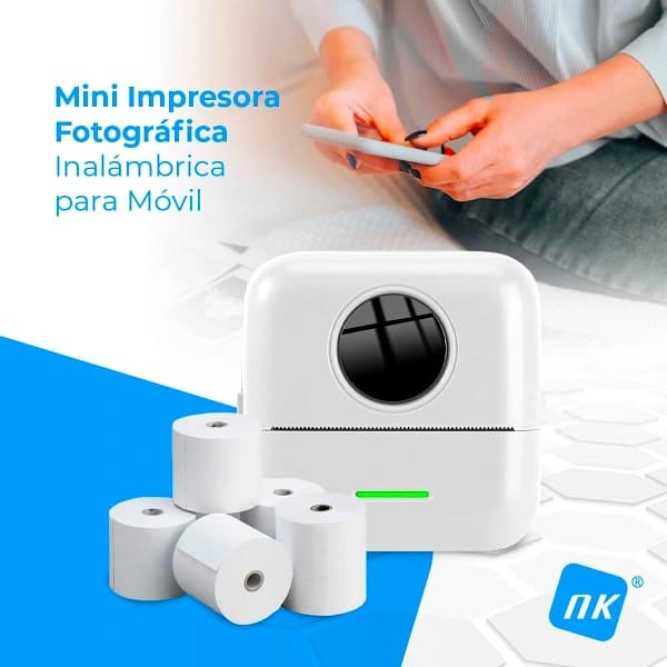 Hvid bærbar fotoprinter med 5 ruller termisk papir - Mini Wi