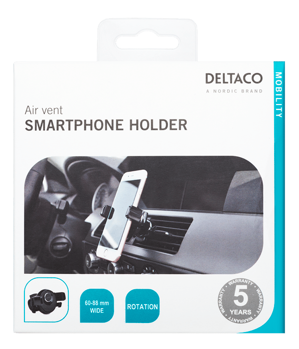 Luftventil bilholder, til smartphones 60-88 mm, drejelig Svart