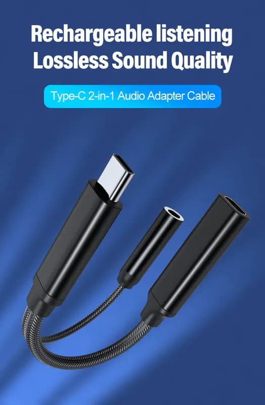 Black Braided USB-C Dual Port Multifunctional Compact Adapter Cable for Mobile Devices with USB-C Charging, Data Transfer, and 3.5mm Audio Jack