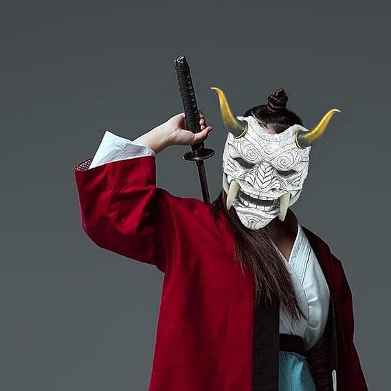 Röd Grå Japansk Samurai Mask Hannya Oni Samurai Latexmask, Halloween Demon Kostym Mask, Samurai Cosplay Mask j